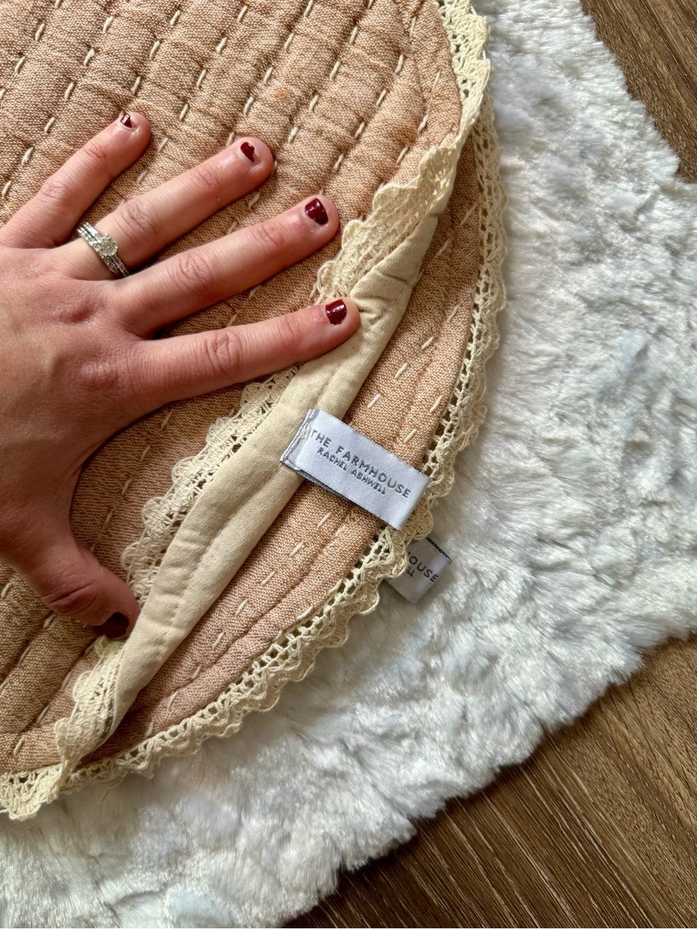 Round Quilted Accent Place Mats with Lace Trim - Blush Tan - set of 2